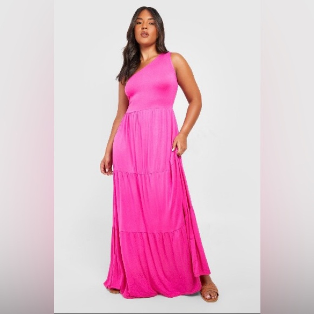PLUS SIZE JERSEY KNIT ASYMMETRIC ONE SHOULDER
MAXI DRESS
